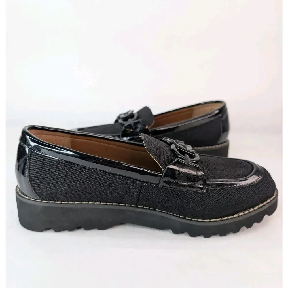 Donald Pliner Clio Black Patent Fabric Slipon Preppy Loafers Size 6